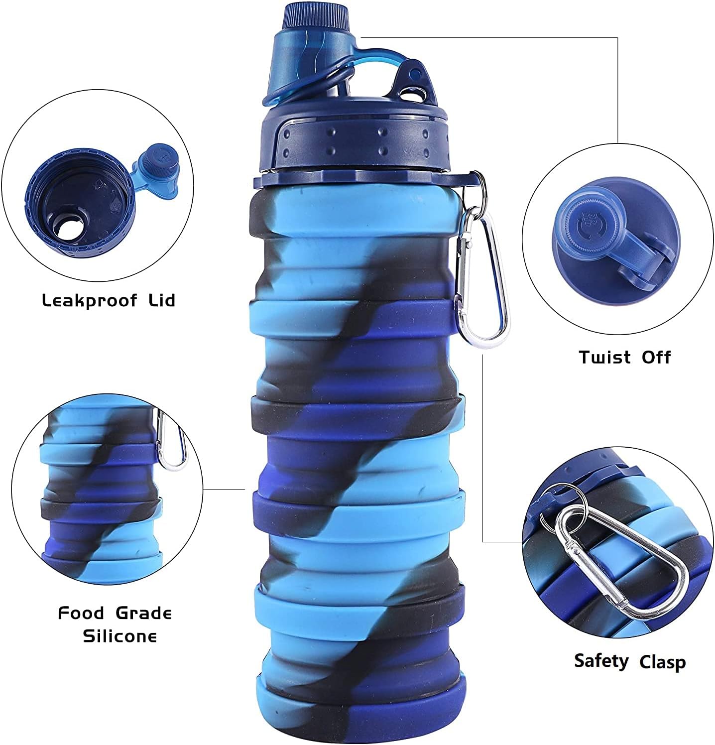 Collapsible Water Bottles 3 pack Travel Water Bottle Portable Hiking Water Bottle with Leak proof Twist Cap 500ML Reusable BPA Free Silicone Water Bottles with Carabiner. (Colorful) - Image 3