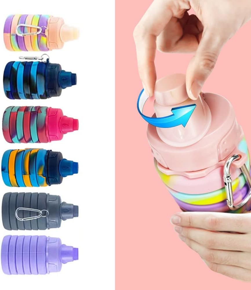 Collapsible Water Bottles 3 pack Travel Water Bottle Portable Hiking Water Bottle with Leak proof Twist Cap 500ML Reusable BPA Free Silicone Water Bottles with Carabiner. (Colorful) - Image 4